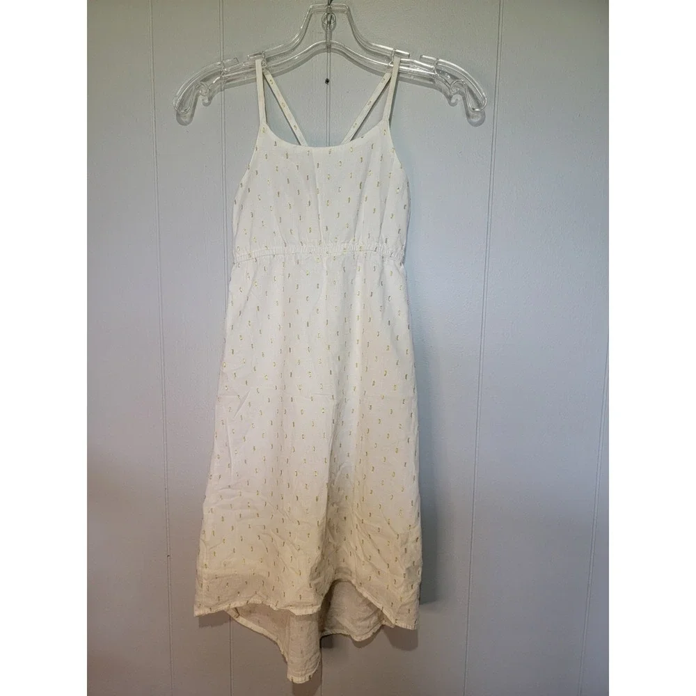Girl's White Hi Lo Halter Dress with Gold Embroidered Detail Small 6-7